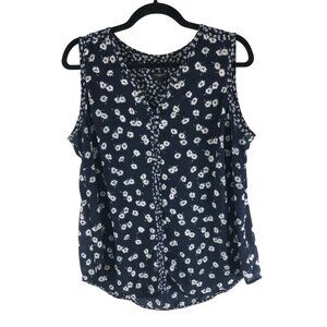 Talbots Womens Popover Blouse V Neck Floral Sleeveless Navy Blue White X
